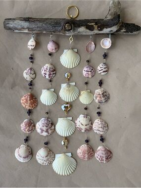 Handmade Pink & Cream Seashell Wind Chime - Driftwood Accent